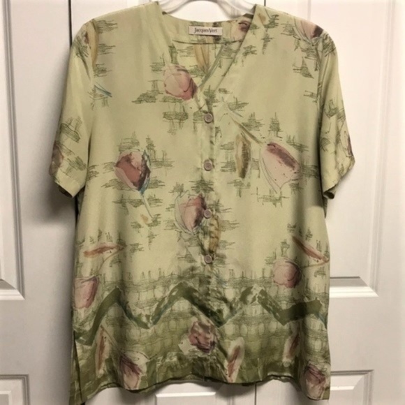 Jacques Vert Tops - Jacques Vert Green Pink Floral Print V Neck Short Sleeve Top Size 14